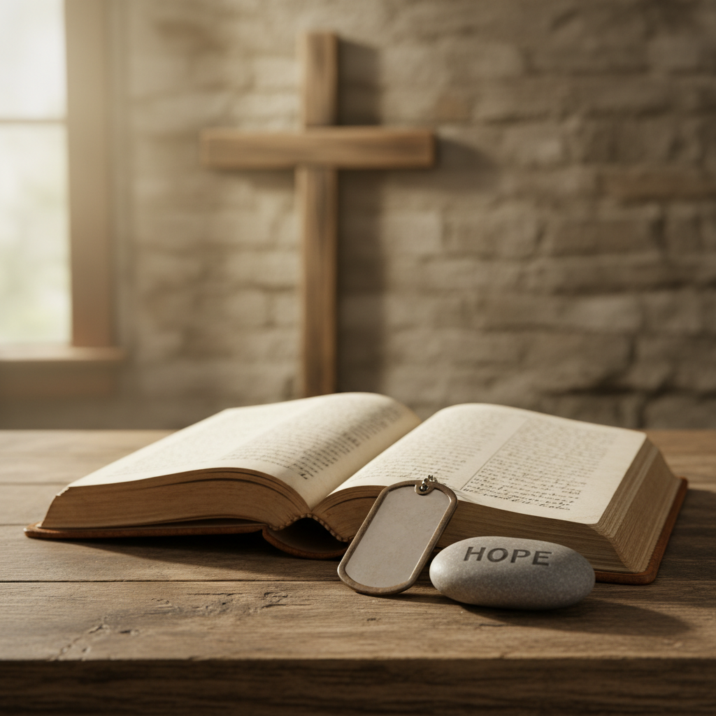 A sturdy, worn leather journal lying open on a rustic oak table, its pages filled with faint, handwritten lines barely visible in the soft focus. A simple metal dog tag and a small, smooth river stone engraved with the word “Hope” rest on the open pages. In the background, slightly blurred, stands a wooden cross mounted on a stone wall, illuminated by soft, diffused morning light filtering through an unseen window. The lighting creates a gentle halo around the cross and subtle shadows from the journal and dog tag. Photographic realism, shot from a slightly elevated angle using the rule of thirds, conveys reflection, resilience, and spiritual guidance for veterans’ inner battles.