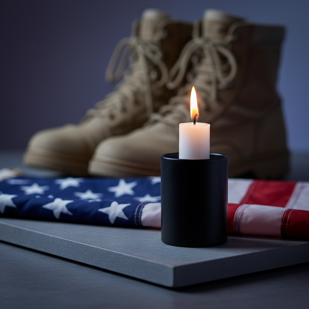 A close-up of a single lit white candle in a matte black metal holder, positioned at the edge of a folded American flag laid over a smooth stone surface. The flag’s stars and stripes are crisply visible in the foreground, while a faded pair of empty combat boots sits out of focus in the background. The candle’s flame casts a soft, warm glow, contrasting with cool, dim ambient light in the room, creating gentle reflections on the stone. Photographic realism, centered composition with a shallow depth of field, builds a quiet, reverent atmosphere symbolizing remembrance, hope, and healing for veterans who carry hidden scars.